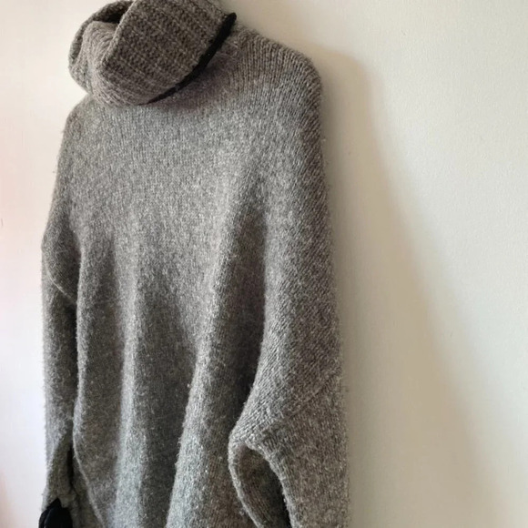Zara Chunky Knit Turtleneck Oversized Sweater w Bow Tie Sleeve Grey Sz Small - Picture 6 of 9